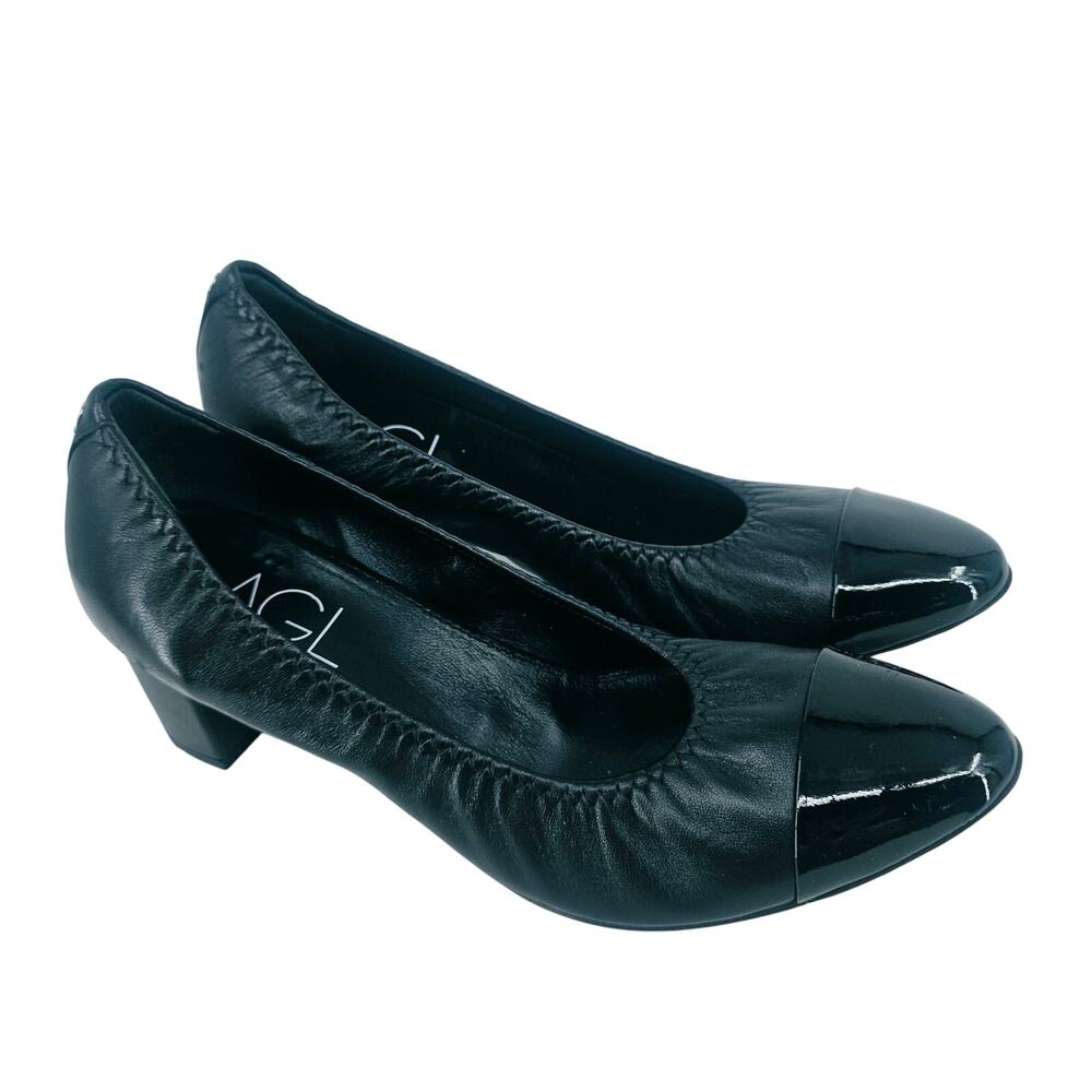 AGL Attilio Giusti Leombruni black leather pump shoe patent cap toe EU 38 US 7.5